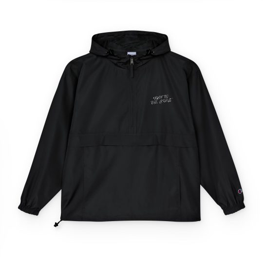 Black Packable Anorak Jacket — Minimal Floral Chest Logo Windbreaker